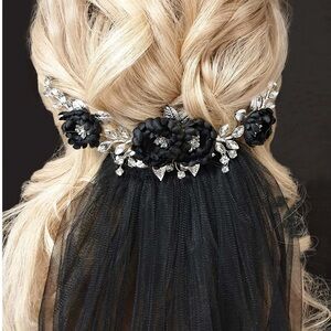 Black and Silver Crystal Embellished Hair Comb with Veil (not attached)